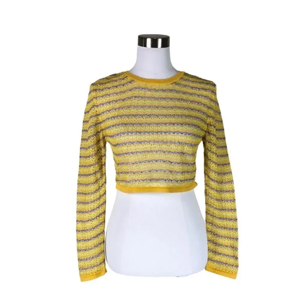 BNWT Zara Yellow Pointelle Knit Crop Sweater Medium Boho Festival Top - Picture 7 of 16